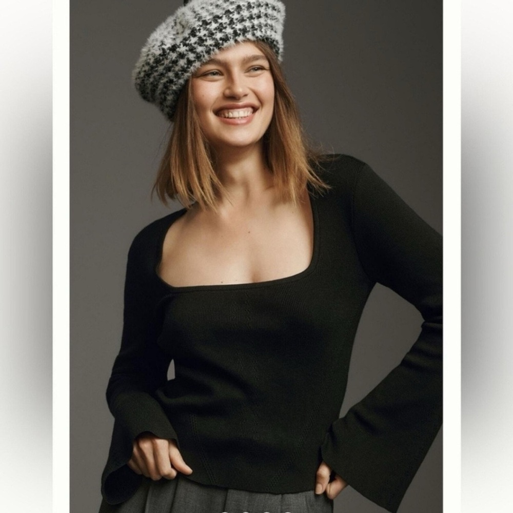 Maeve - square neck bell sleeve black sweater - Size M